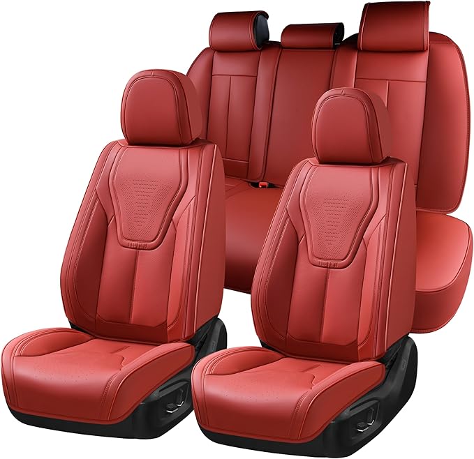 FLORICH Car Seat Cover Full Set, Red Automotive Seat Covers, Luxury Faux Nappa Leather Car Seat Protectors, Car Seat Cushions Universal Fit for Most Sedans SUVs Trucks - Red