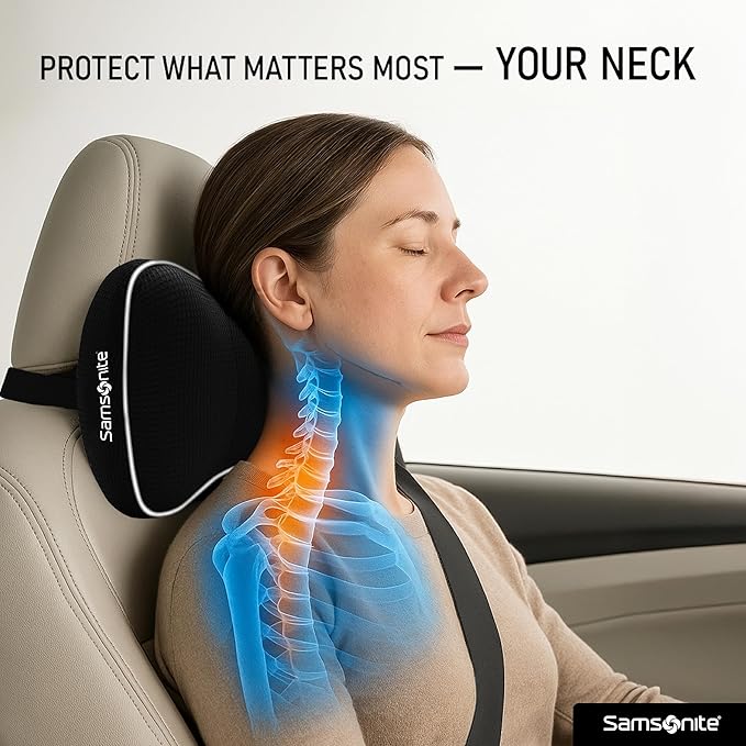 Samsonite Car Neck Pillow, Soft Memory Foam Headrest Pillow for Driving, Ergonomic Car Seat Headrest Cushion with Adjustable Strap, Breathable & Removable Cover, Neck Pain Relief, Black