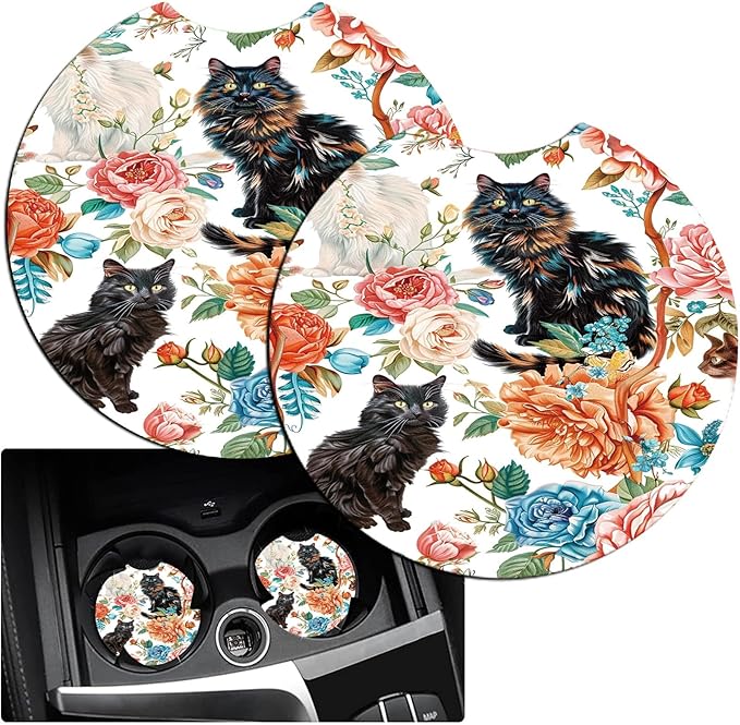 Car Armrest Cover Pads Universal Fashion Cute Auto Center Console Armrest Cover Pad with 2PCS Car Coasters Soft Waterproof Car Armrest Seat Protector for Women, Three Cats Penoy