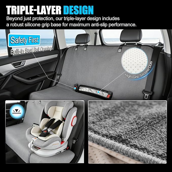Universal Waterproof Terry Cloth Car Back Seat Cover - Heavy Duty Sweat Towel Rear Seat Protector for Post-Gym, Yoga, Beach, Pets & Kids - Machine Washable, Non-Slip Backing, Gray (55" x 29")