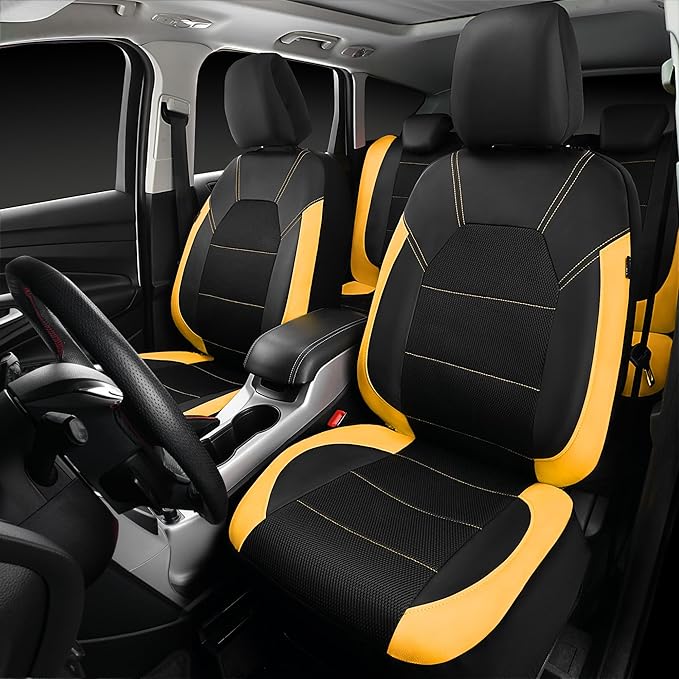CAR PASS Leather Seat Covers, Breathable Universal Car Seat Cover Full Set for Cute Women Girly,5mm Composite Sponge Inside,Airbag Compatible Fits Most Auto,SUVs,Trucks,Vans(Full Set,Black&Yellow)