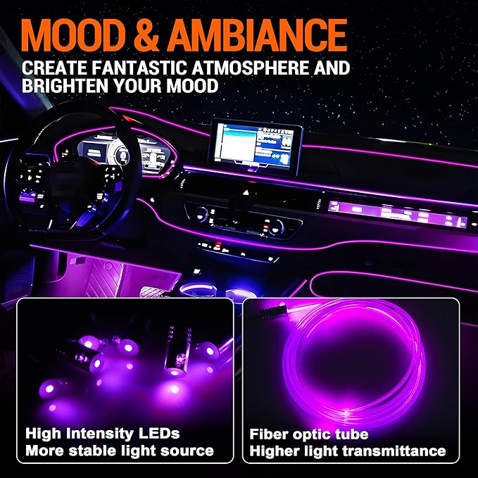 Interior Car LED Strip Lights, RGB 6-in-1 16 Million Colors Ambient Lighting Kit with 390 inches Fiber Optic Wireless APP & Remote Control Music Sync