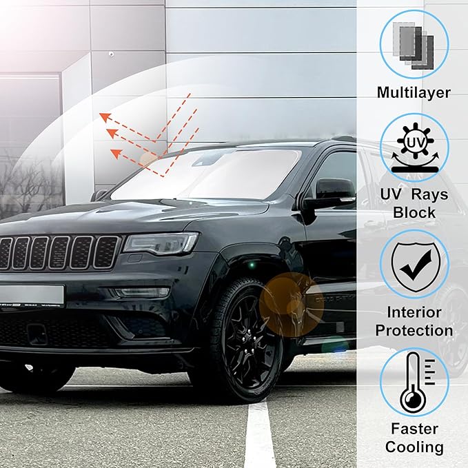 Windshield Sun Shade Fit for 2011-2021 Jeep Grand Cherokee Accessories (NOT for Grand Cherokee L & Jeep Cherokee) Foldable Window Sunshade