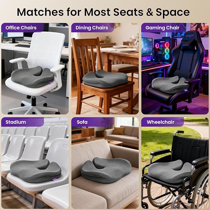 Seat Cushions for Office Chairs, Car Seat - Patented Coccyx Cushion for Tailbone Pain - Memory Foam Butt Cushion for Pressure Relief - Carry Handle & Non Slip Bottom (Grey)