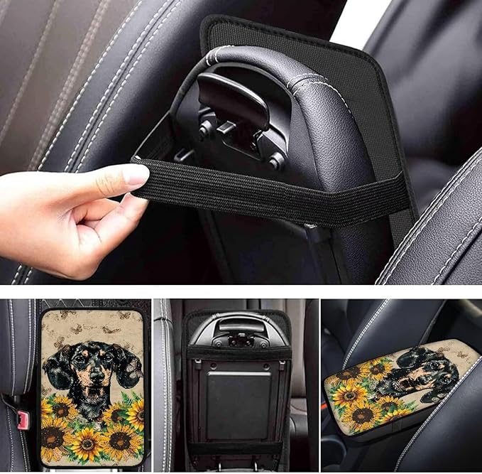 Suobstales Dachshund Sunflower Butterfly Print Car Accessories Center Console Cover Replacement, Universal Armrest Cover for Car Center Console for Truck Sedan SUV