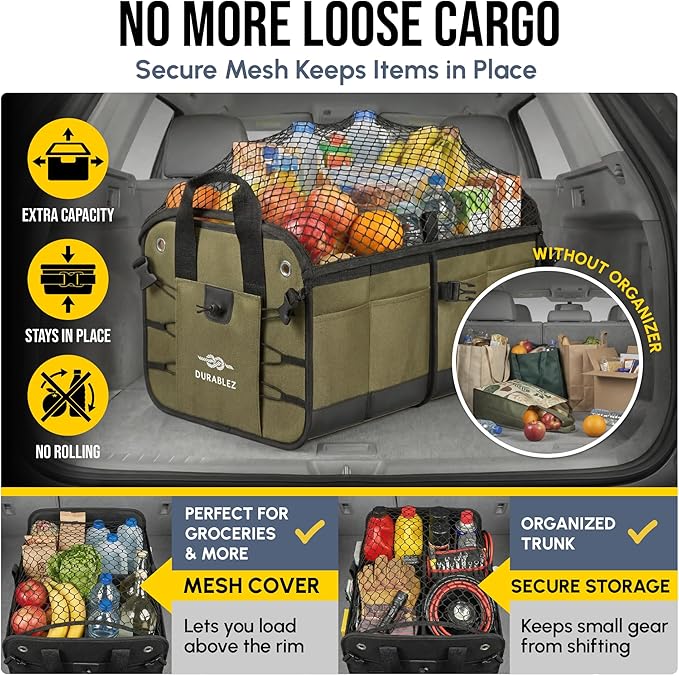 4-Section Extra Large Trunk Organizer – Heavy Duty 1680D, Collapsible & Foldable Cargo Organizer, Modular Multi-Shape Storage System for SUVs, Trucks, Vans – Green