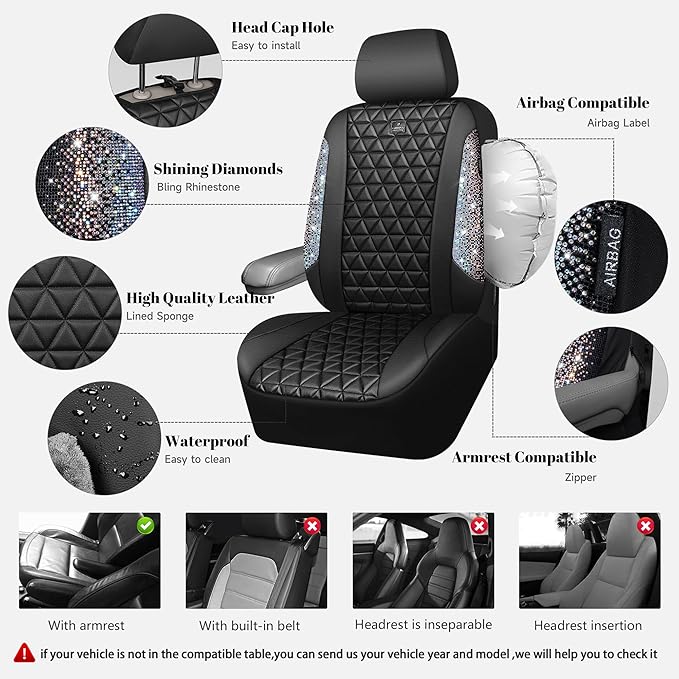 CAR PASS Bling Diamond Leather Car Seat Covers Full Seats Interior Sets, Waterproof Shining Glitter Sparkly Crystal Universal Armrest Automotive Truck SUV Cute Women Girl, Black Multicolor Rhinestone