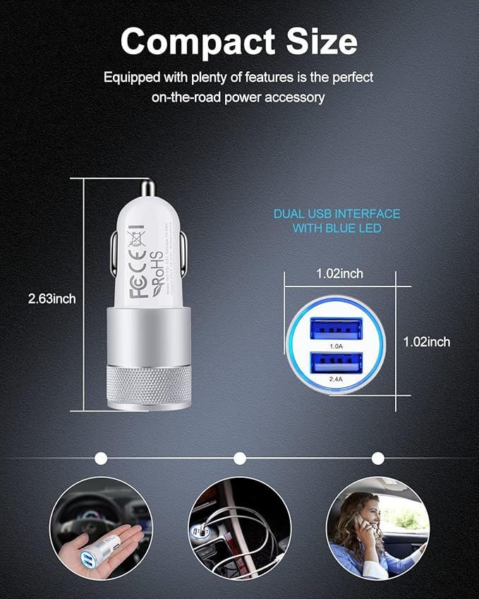 Car Charger, AILKIN 3.4a Portable Dual Port USB Cargador Carro Fit Lighter Spot Socket Adapter for iPhone 17 16E 16 15 14 13 Pro Max Plus, iPad, Tablet, Samsung Galaxy S25 Ultra Cigarette Auto Charger