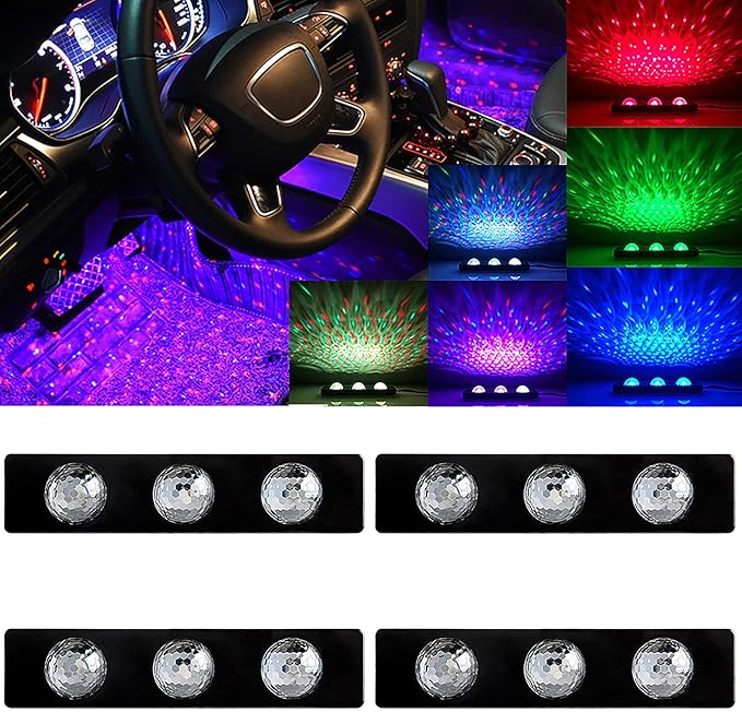 Teguangmei Car Interior Ambient Lights,4Pcs 12LED USB Plug-in RGB Multicolor Star Atmosphere Lights for Car Carpets Under Dash LED Accent Lighting Kit with Sound Active and Remote Control DC 5V