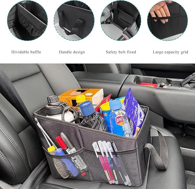 Car Seat Organizer, Collapsible Passenger Seat Organizer with Detachable Divider & Handle, Multiple-Pocket Car Storage Organization for Console Floor Front or Back Seats (Black)