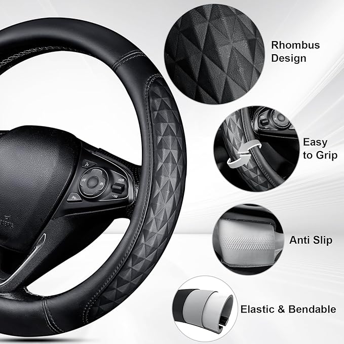 CAR PASS 3D Memory Foam Leather Car Steering Wheel Cover Set, Comfortable Rhombus Leather Center Console Armrest Cushion with Storage Bags Non-Slip 14.5-15in Car Interior Covers Sets, 4 PCS All Black