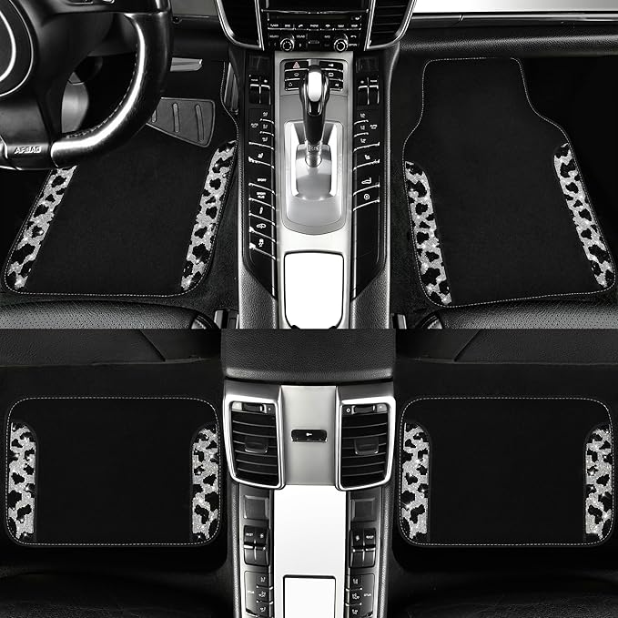 CAR PASS Bling Cow Car Mats Rhinestones Diamond Waterproof Floor Mat Crystal Sparkly Shining Glitter Carpet Anti-Slip PVC Heel Pad, Universal Fit Automotive SUV,Sedan,4pcs Girly Women, Cow Diamond