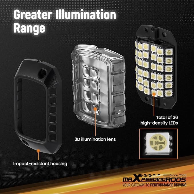 maXpeedingrods 12 Pods White Rock Lights 400LM 6000K, High Bright 432 SMD 5050 Chips with 43cm Wires, LED Underglow with Waterproof 3D Lens for Off-raod Truck Golf Cart Car Boat Motorcycle