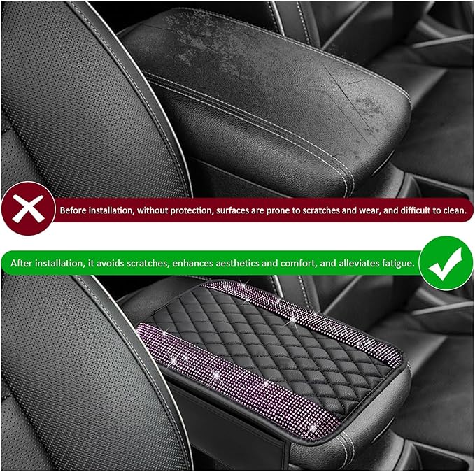 Sun Walker Bling Car Center Console Cover, Anti-Scratch Car Armrest Seat Box Cushion Pad with 2 Storage Bags, Leather Middle Console Protector Crystal Interior Accessories for Most Cars (Pink)