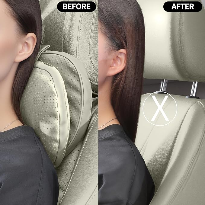 Car Headrest Pillow for Driving, Dual-Sided Leather Design Neck Pillow, Breathable Softness Neck Support, Universal Fit Head Rest Travel Pillow, Off White (Beige), 2 Pack