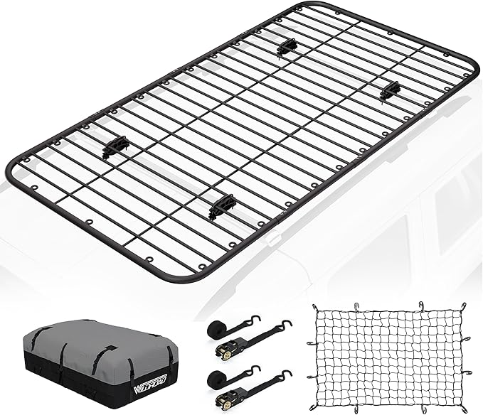 Wildroad Car Roof Platform, Universal Roof Flat Rack Combo 90" x 47" x 1.3" Heavy Duty Roof Rack Platform with Cargo Bag, Cargo Net, Ratchet Straps and Anti-Rust Sealant Fits for SUV Truck Cars