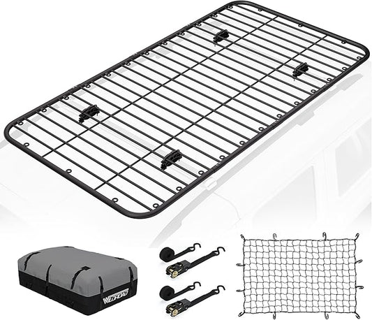 Wildroad Car Roof Platform, Universal Roof Flat Rack Combo 90" x 47" x 1.3" Heavy Duty Roof Rack Platform with Cargo Bag, Cargo Net, Ratchet Straps and Anti-Rust Sealant Fits for SUV Truck Cars