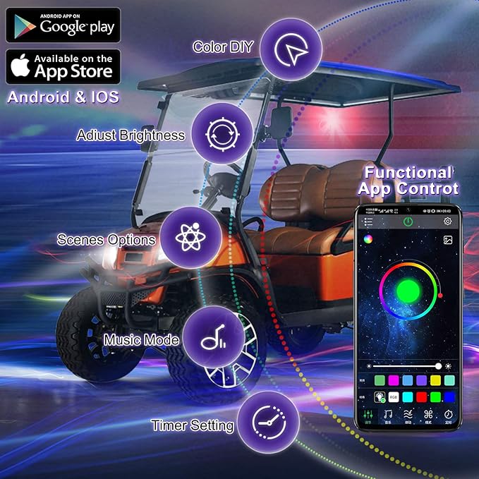 Roykaw Golf Cart Underglow LED Lights Strip Kit Underbody Neon Lighting Standard Million Color LED Compatible with EZGO, Club Car, Yamaha, ATV, UTV - Waterproof