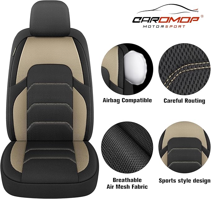 CAROMOP 3D Air Mesh Car Seat Covers 2 Front Seats,Breathable and Durable Seat Covers for Cars,Universal Fit for SUV,Vans,sedans, Trucks, Automotive Interior Covers(Black/Beige)
