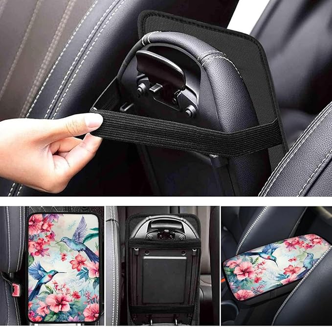 UNICEU Car Decorative Armrest Cover Pad Spring Pink Flower Hummingbird Print Soft Neoprene Car Center Console Armrest Cover Universal