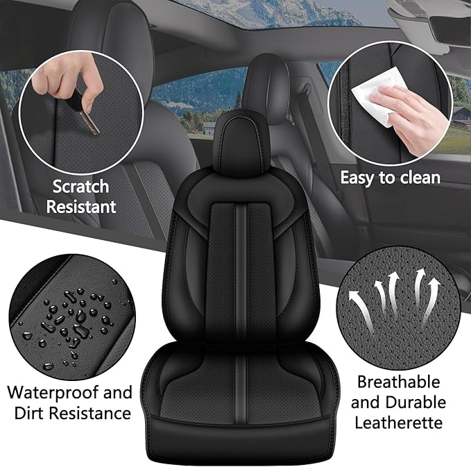 AOMSAZTO Car Seat Cover Fit for Tesla Model Y 2020 2024 - Half Surrounded Customized Seat Covers(Black with Stripe)