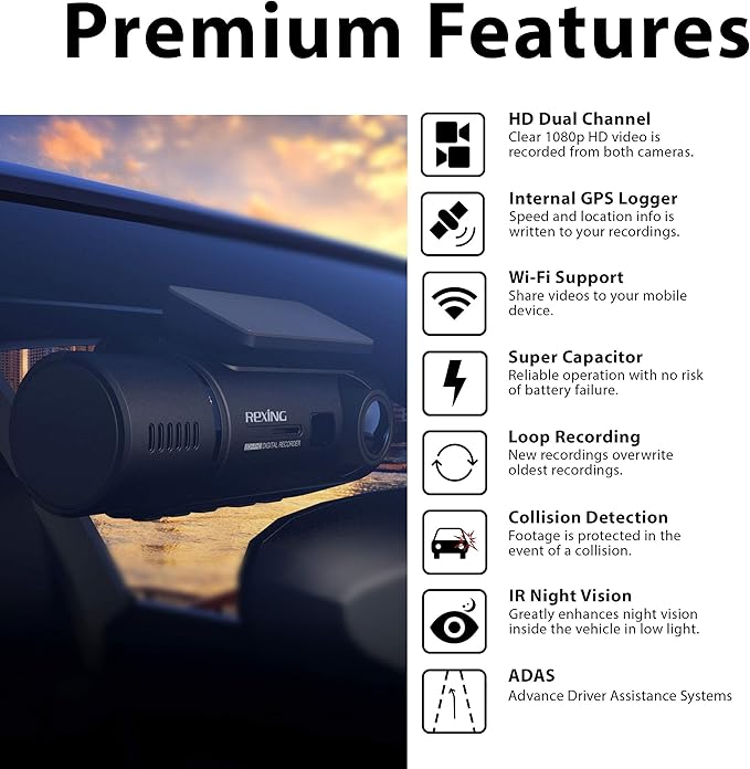 Rexing V3 Dual Camera Front and Inside Cabin Full HD 1080p with WiFi and Built-in GPS