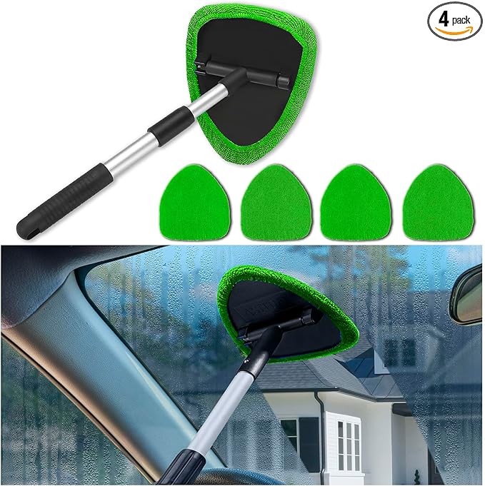 Windshield Cleaner Tool - Portable Car Interior Window Cleaning Kit with Extendable Handle, 4 Microfiber Towel Pads, Auto Glass Wiper for Windshield, Universal for RV, SUV, Truck (Green)