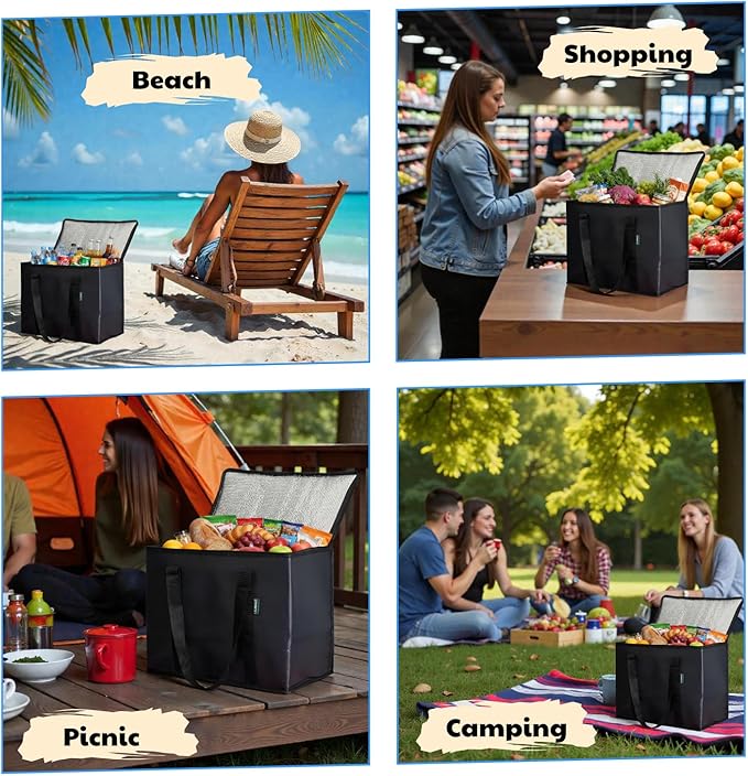 2-Pack Insulated Reusable Grocery Bags – Large Cooler Tote for Cold & Hot Food, Stays Upright, Durable, Foldable for Travel and Delivery