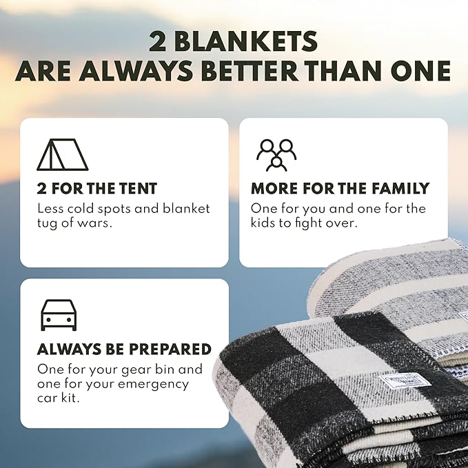Woolly Mammoth 80% Merino Wool Camping Blanket 2-pack - Naturally Fire-Resistant and Temperature-Regulating - For Cold Weather, Camping, Bushcraft and Emergency Car Kit (66" x 90" Granite & Limestone)