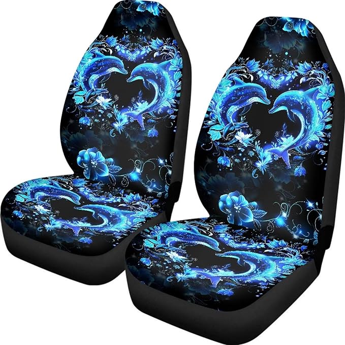 BIGCARJOB Neon Dolphin Car Seat Cover Set of 2 Pcs - Cute Dolphin Print Auto Interior Accessories, Vehicle Bucket Seat Protector, Front Seat Cushion Pads, Universal Fit