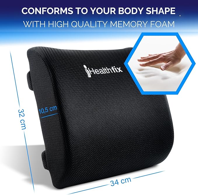 Healthfix® Ergonomic Lumbar Support Pillow – Expertly Designed in Germany – Improves Posture & Relieves Back Pain – Memory Foam Back Cushion for Office Chair & Couch - Soft (99–150 lbs)