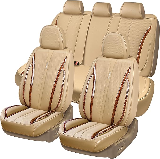CAR PASS Beige Leather Car Seat Covers, Breathable Waterproof Nappa Automotive Seat Covers Full Set, Anti-Slip Driver Seat Cushion with Backrest Universal Fits SUV Pick-up Truck Sedan, Wood Grain