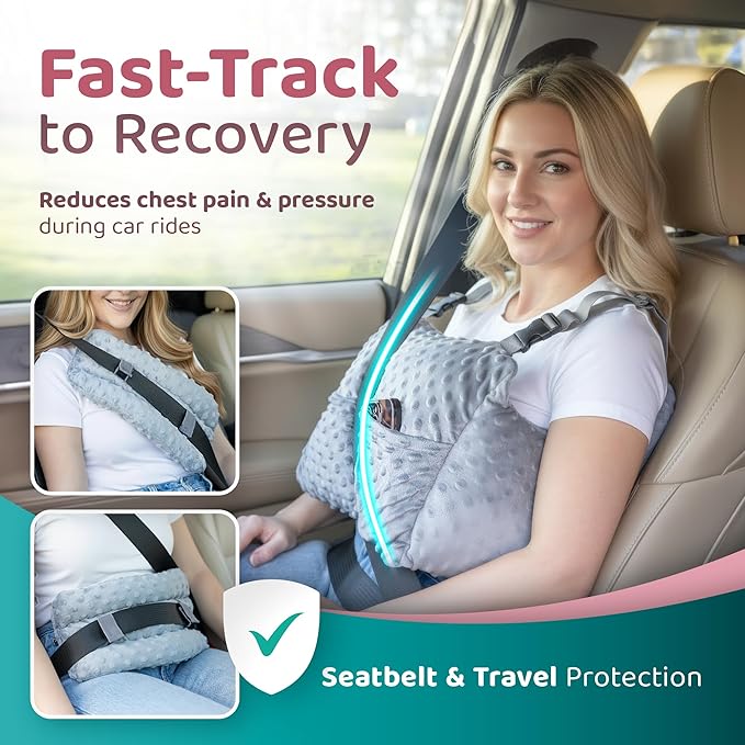 Zomaple Mastectomy Recovery Pillow with Strap, Swirly Gel Pack, Seat Belt Cover & Shower Lanyard – Post-Op Essentials, Breast Augmentation/Reduction & Recovery Supplies – Washable Cover for Comfort
