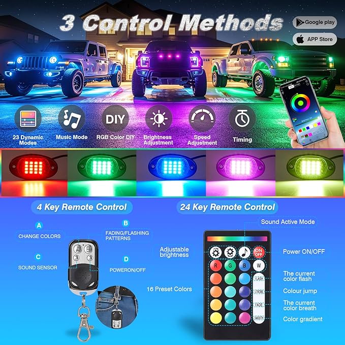 16Pods RGB LED Rock Lights for Trucks Pickup Jeep Gladiator Off-Road, Multicolor Underglow Light Kit with APP/RF Remote Dual Zone, Plug and Play&Pre Wired 12V Vehicle Underbody Accent Light Waterproof