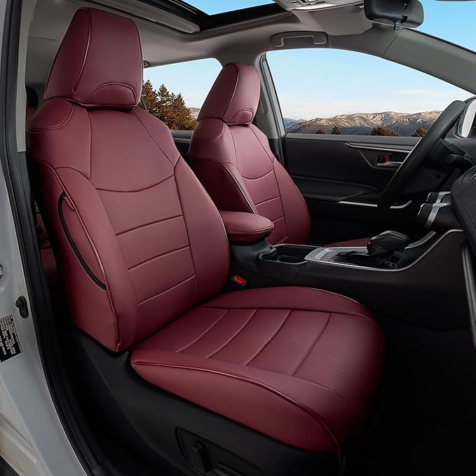 Custom Fit RAV4 Hybrid Seat Cover for Toyota RAV4 2019 2020 2021 2022 2023 2024 2025 Hybrid-LE/XLE/Limited/Woodland Edition/XLE Premium,Faux Leather,2-Row Full Set,(Burgundy)