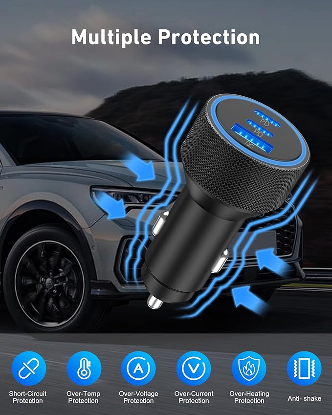 WODENTA for iPhone 17/16/15 Pro Max Car Charger, 67W 3-Port Fast USB C Car Charger Power Cigarette Lighter Adapter with 3FT USB C to C Cable for iPhone 17/17 Pro/Air/17e/16/15 Pro Max/Plus/16e, iPad