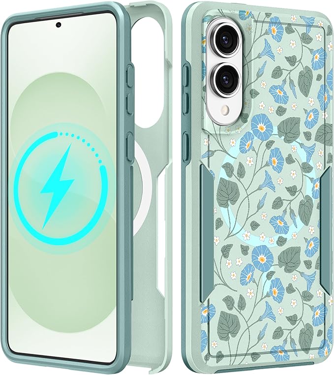 for Samsung Galaxy S25 Edge Case - Compatible with MagSafe Women Girls Cute Magnetic Protective Phone Cover Unique Girly Blue Flower Heavy Duty Shockproof Design for Samsung S25 Edge Case