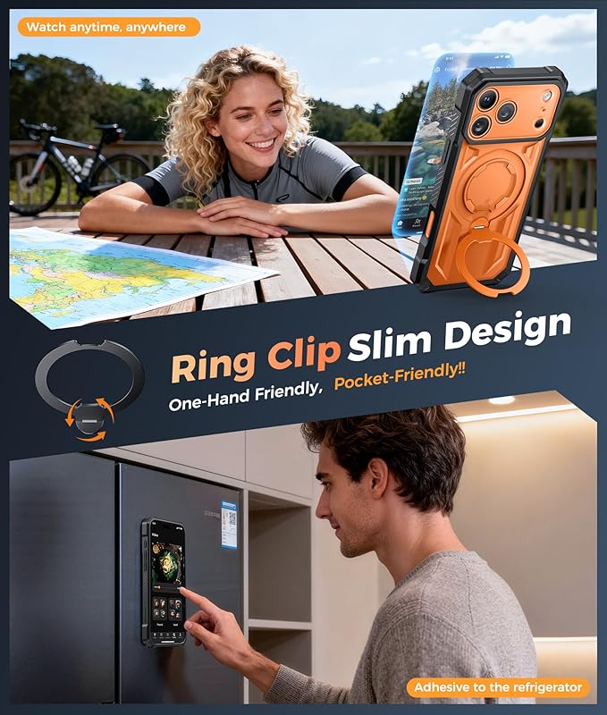 FNTCASE for iPhone 17 Pro Case: [360 Spin Magnetic Ring Kickstand] [Compatible for MagSafe] [Screen Protector] Heavy Duty Military Grade Protection Protective Phone Case with Stand Translucent Orange