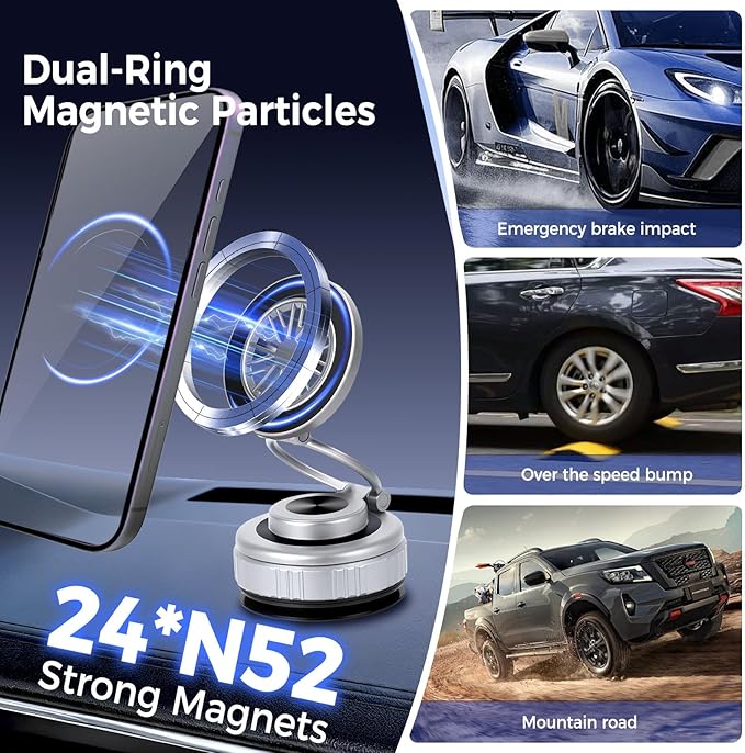 2026 Upgraded 360° Nano Gel Vacuum Magnetic Car Phone Holder,Reinforced Ultra Suction Cup Pocket Size Foldable Phone Mount for Dashboard/Gym/Mirror MagSafe iPhone Air 17 16 15 14 13 12 Pro Max(Silver)