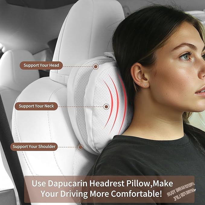 Car Headrest Pillow for Driving, Dual-Sided Leather Design Neck Pillow, Breathable Softness Neck Support, Universal Fit Head Rest Travel Pillow, White, 2 Pack