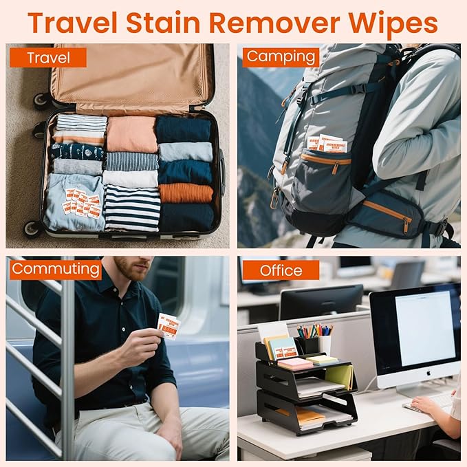 Stain Remover Wet Wipes Bulk, Individual Wrapped Clothes Portable Travel Messy Eater Cleaning Laundry Stain Removal Wipes Pocket Size for Clothing Fabric/Wine/Fast Food 7.1 x 4.7 Inch (White 200)
