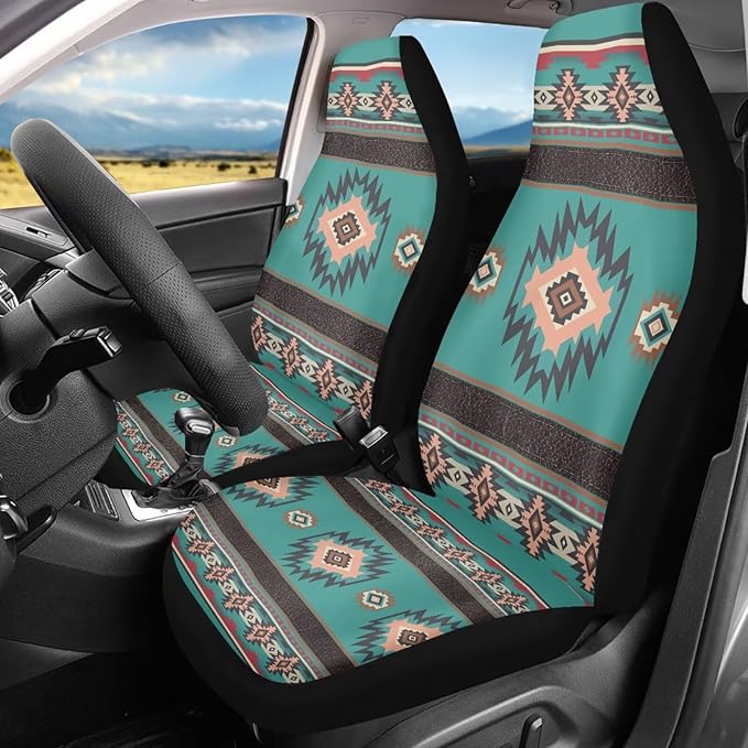ELEQIN Car Seat Covers Universal High Back Fashion Cushion Protector for Car Truck Suvs,Sedans,Vehicles,Airbag Compatible Front Car Seat Covers 2 Pack Blue Aztec Tribal