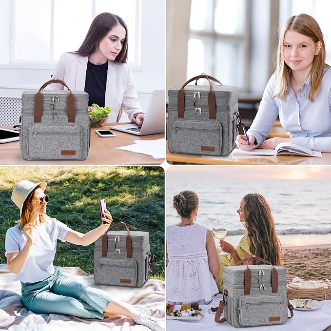 Maelstrom Lunch Box, 23L Insulated Lunch Bag, Expandable Double Deck Cooler Bag, Lightweight Leakproof Tote Bag With Side Tissue Pocket, Suit For Men and Women (B. Gray)
