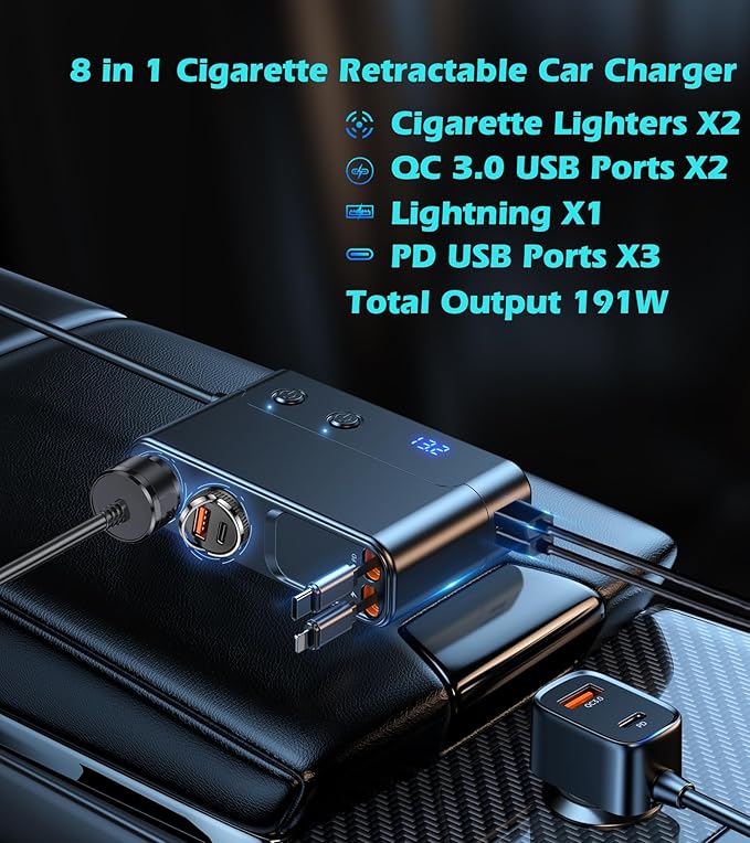 8 in 1 Retractable Cigarette Lighter Splitter, 191W Car Charger Adapter with 2 Sockets,12V Car Outlet with PD30W QC3.0 USB Charging Ports, LED Voltage Display TSNAM