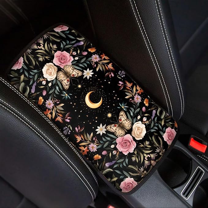 Butterfly Floral Car Center Console Armrest Cover Pad, Easy to Install Automobile Armrest Covers for Trucks Van SUV