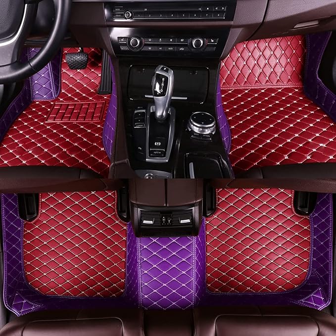 Custom Car Floor Mat Compatible with 97% Car Models Luxury Leather All Weather Waterproof Anti-Skid Full Coverage Car Mats (Purple with red)