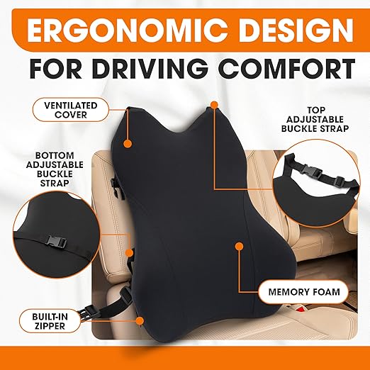 Cheer Collection Lumbar Support Pillow for Car Seat, Memory Foam Lower Back Cushion with Adjustable Straps, Ergonomic Design, Washable Cover