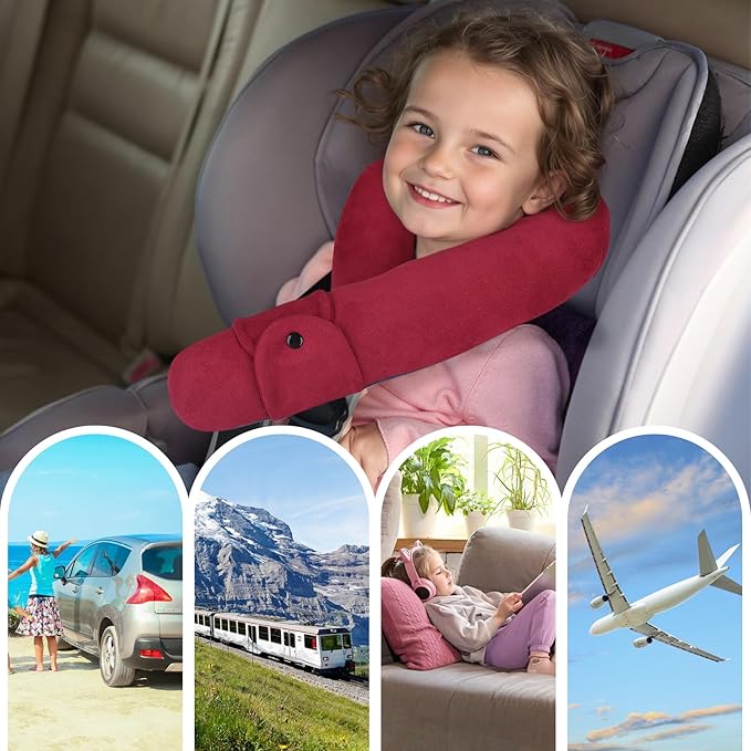 Kids Travel Neck Pillow, Toddler Travel Pillow for Car & Airplane and Head & Chin Support, Comfortably Travel Neck Pillow for Road Trip Sleeping, Gifts for Toddler/Child/Kids (Wine Red & Dark Blue)