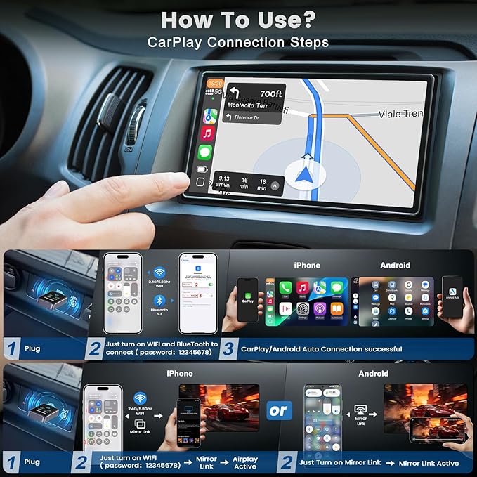 4-in-1 Screen Mirroring Adapter for Car – Mirror Phone to Car Screen (iPhone & Android), Wireless CarPlay Adapter with AirPlay & Mirror Link, Stream Videos, Plug & Play, Stable Connection