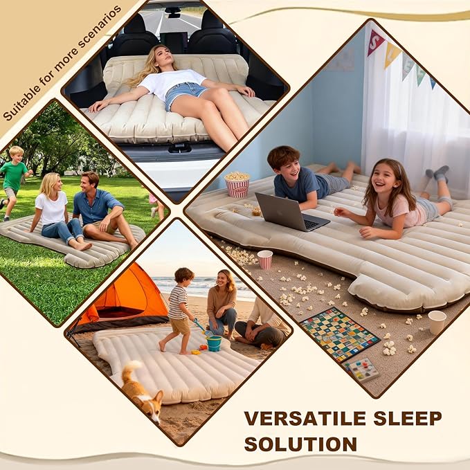 ZKOO Car Air Mattress 4 Inch, SUV Truck Camping Air Mattresses, Quick Inflation Chamber Portable Driving Trip Air Bed Soft Flocked Top for Camping, Colchon Inflable, with Storage Bag (Khaki)